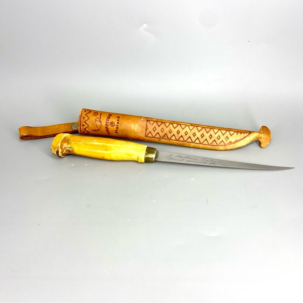 Vintage J Marttiini Knife with Leather Sheath Finland Fishing Fillet Blade